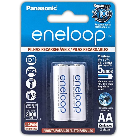 Pilha Recarregável Eneloop (Panasonic) AA Pequena Cartela com 2 unidades